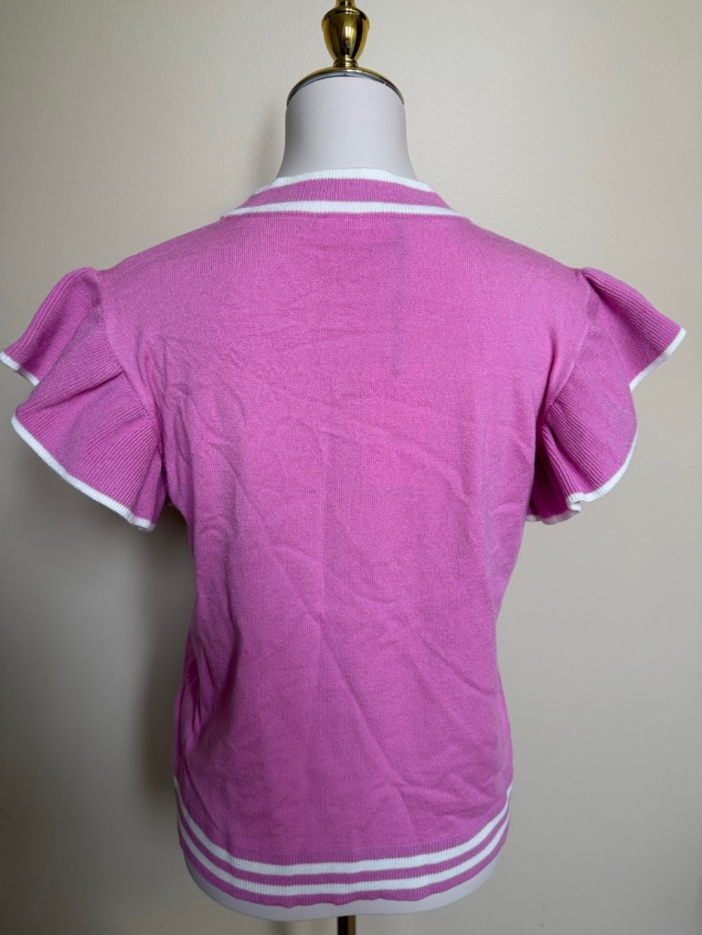 THML Pink Flutter Sleeve Sweater Top Striped Trim Knit Blouse Size M - Picture 5 of 7